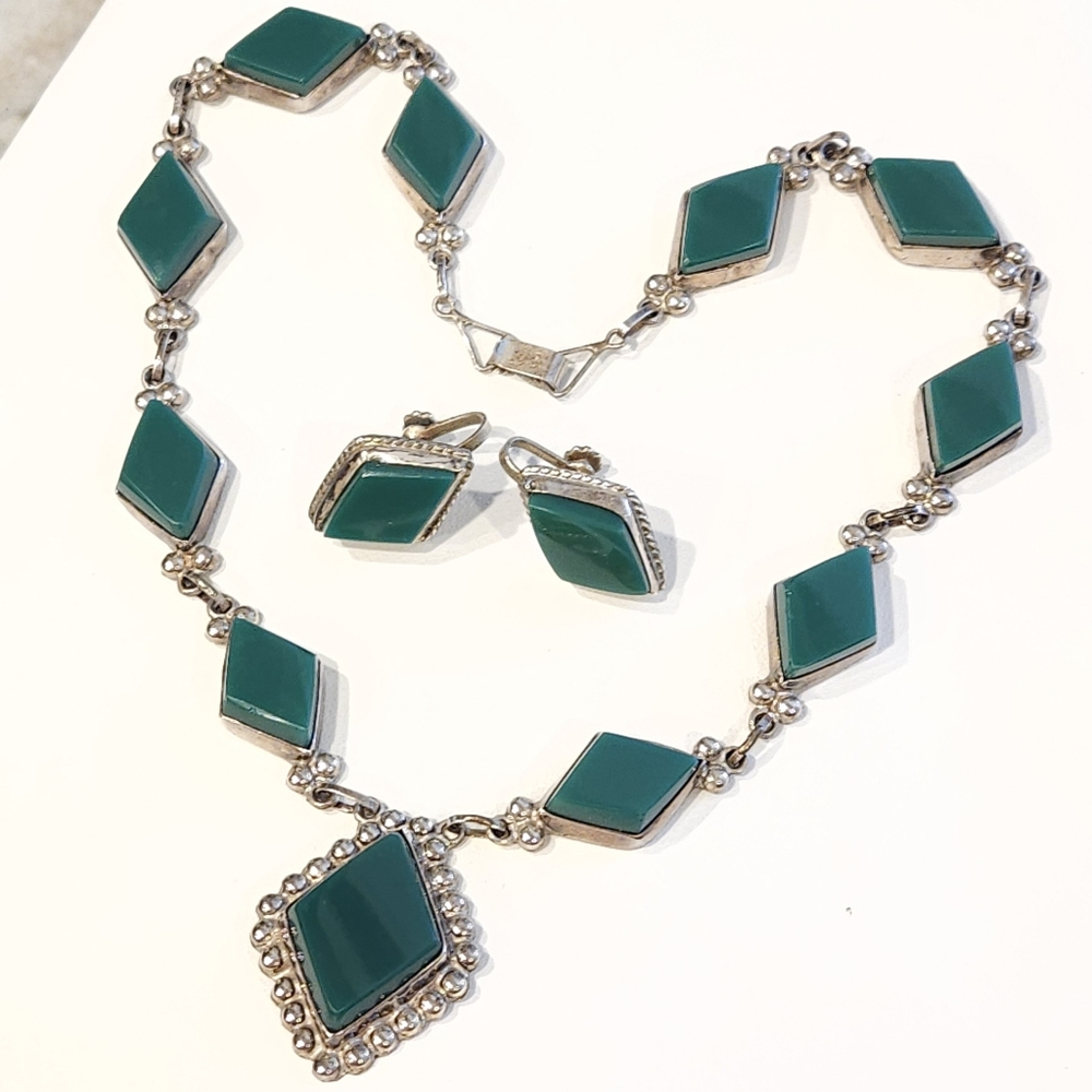 Jose Luis Flores Sterling Silver Green Onyx Necklace & Earrings Demi Parure Set